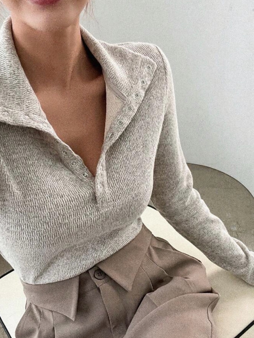 Beige Ribbed Snap-Collar Women's Sweater
